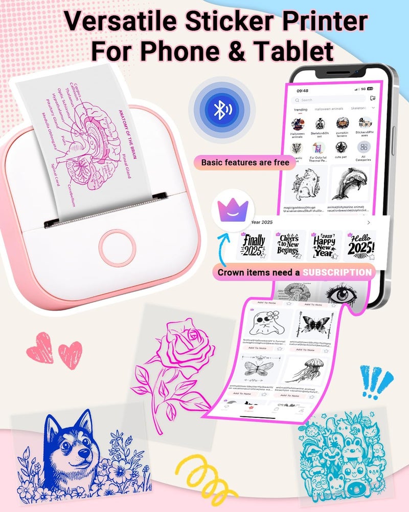 Memoking Sticker Printer - T02 Mini Printer Print Pods Portable Thermal Label Maker, Sticker Maker Machine Pocket Memo Receipt Printer for Study Graphics, Anatomical Diagrams, Journal, DIY, Gift - Image 4